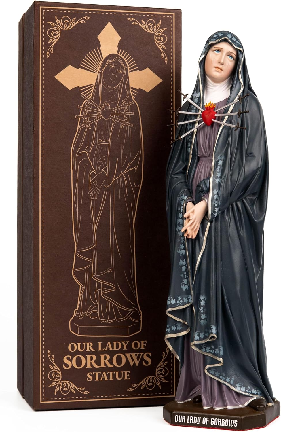 Our Lady of Sorrows Statue with Ornate Patterns 11.8" — Hand-Painted Virgin Mary Statue, Catholic Gift